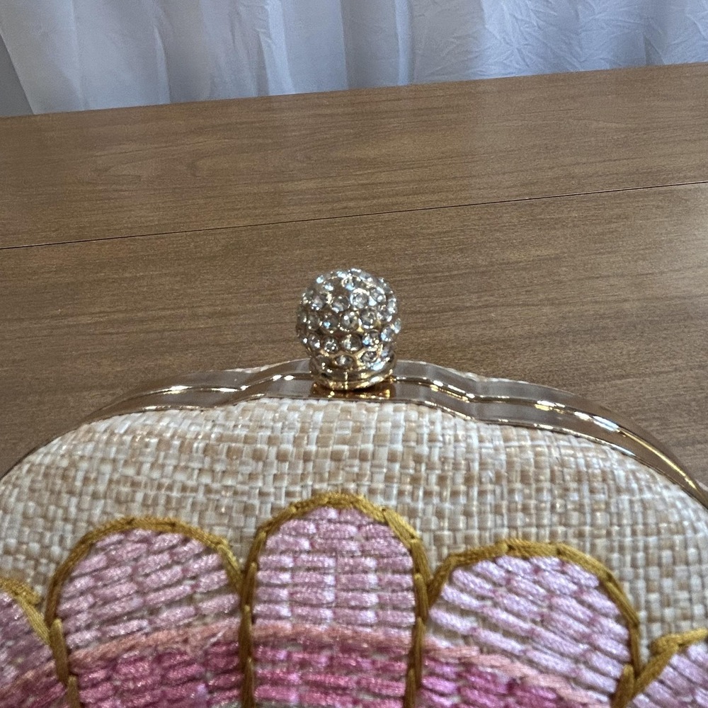Shell Clutch Bag Womens Small Beige Straw Rhinestone Chain Evening Purse - Picture 5 of 8